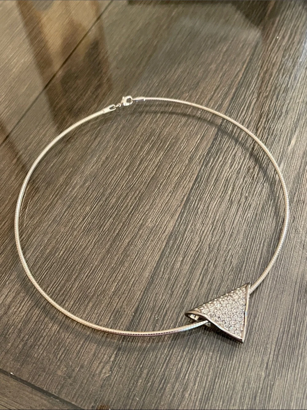 Vintage Silver-tone Wire Necklace with Pave Rhinestone Triangle Pendant - Slide